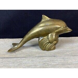 Vintage Brass Dolphin Figurine Paperweight Mid Century Nautical Coastal Decor